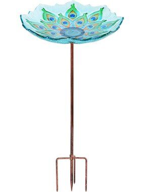 Handmade Glass Bird Bath with Metal Stake - Peacock Pattern for Garden Decor